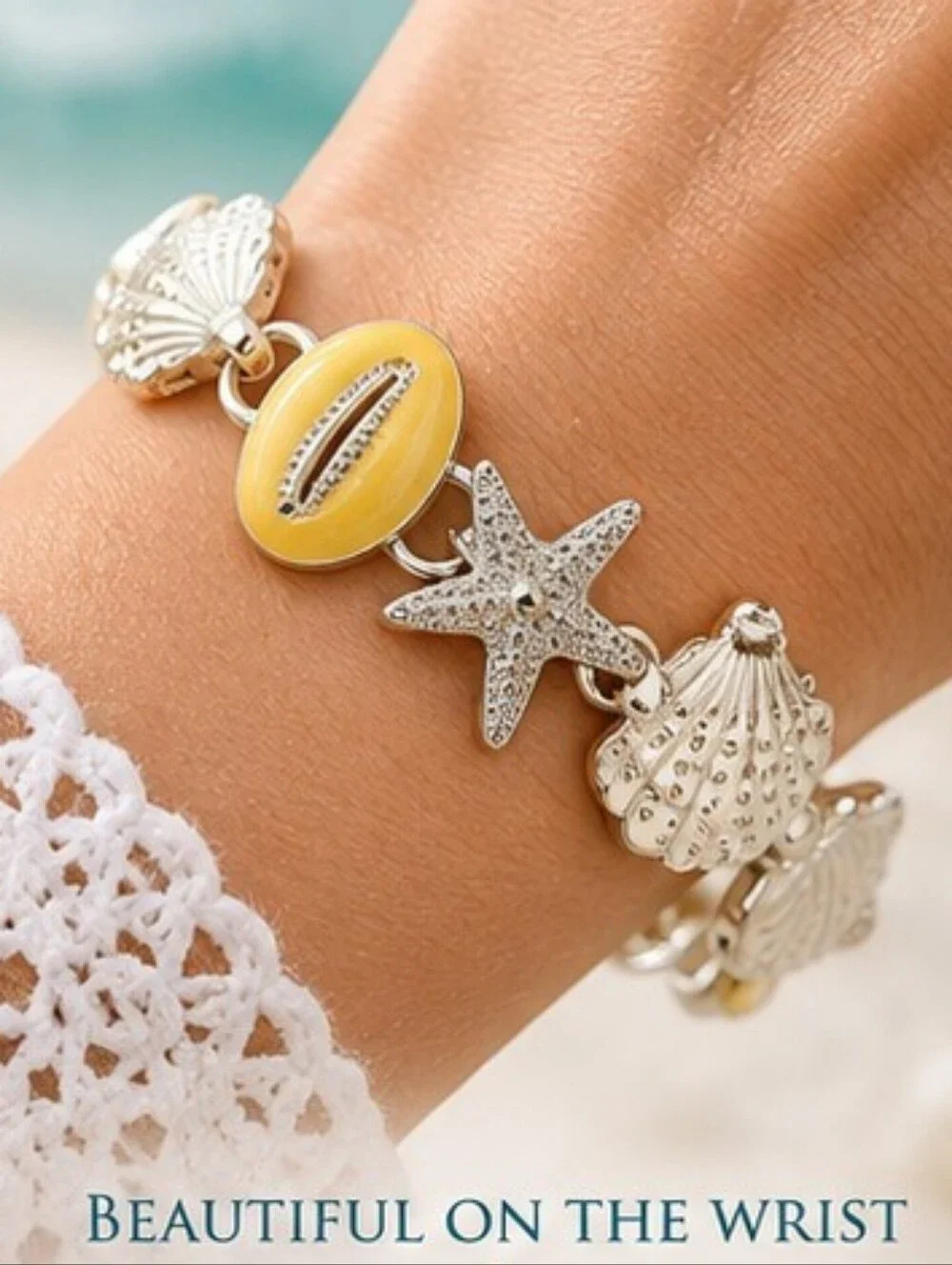 Coastal Starfish Seashell Bracelet 14K White Gold Plated Yellow Enamel NWOT
